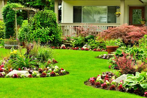 Backyard lawn with landscaped garden beds